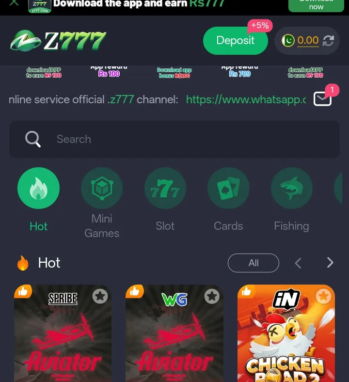 Z777 Game home screen showing Hot, Mini Games, Slot, Cards, and Fishing categories