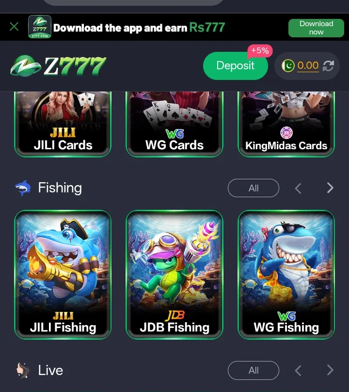 Z777 Game card and fishing game tiles including JILI and WG titles