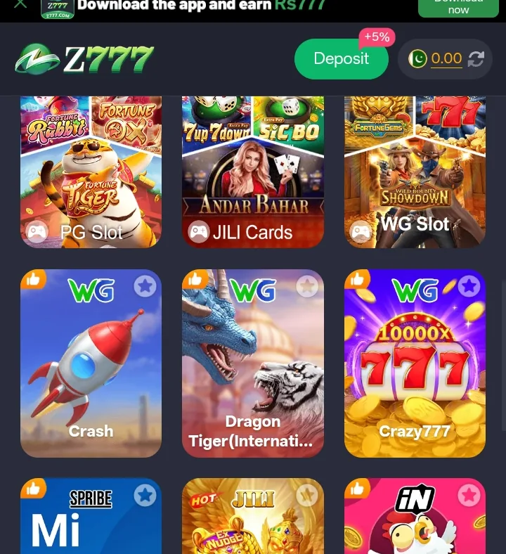 Z777 Game slot titles including PG Slot, Crash, and Crazy777