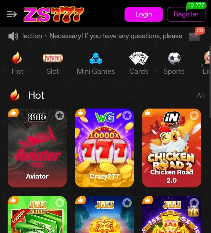 ZS777 Game home screen showing Hot, Slot, Mini Games, Cards, and Sports categories