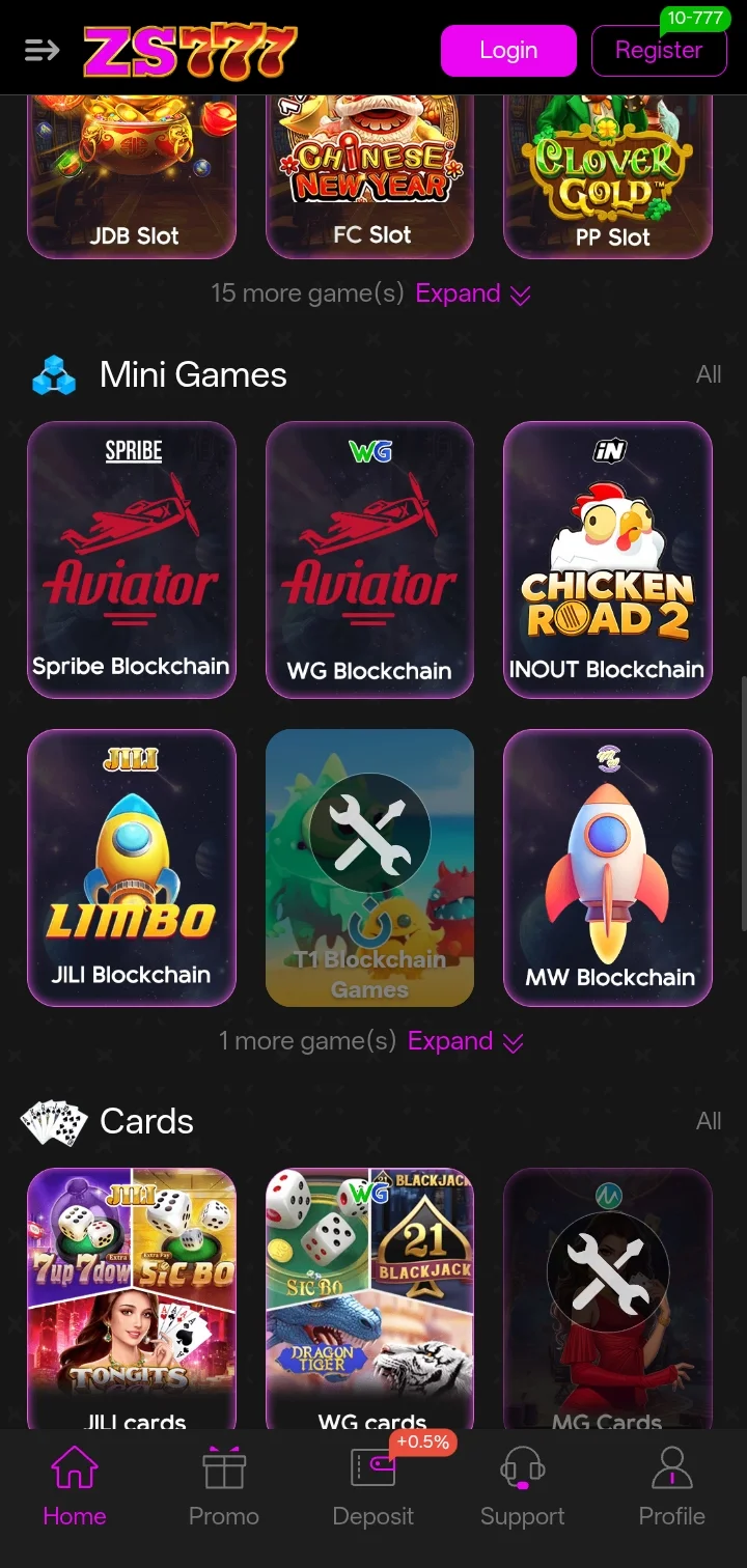 ZS777 Game Mini Games and Cards sections showing Aviator, Limbo, Sic Bo, and Blackjack titles